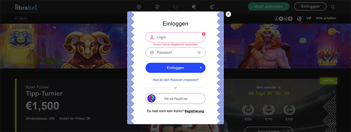 Librabet login modal in German with username and password fields, a blue “Log In” button, password recovery link, PlayID sign-in option, and a registration link.