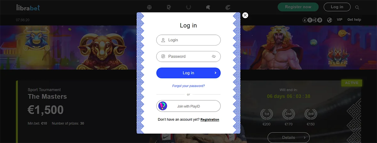 Librabet login modal with username and password fields, a blue “Log in” button, password recovery link, PlayID sign-in option, and a registration link.