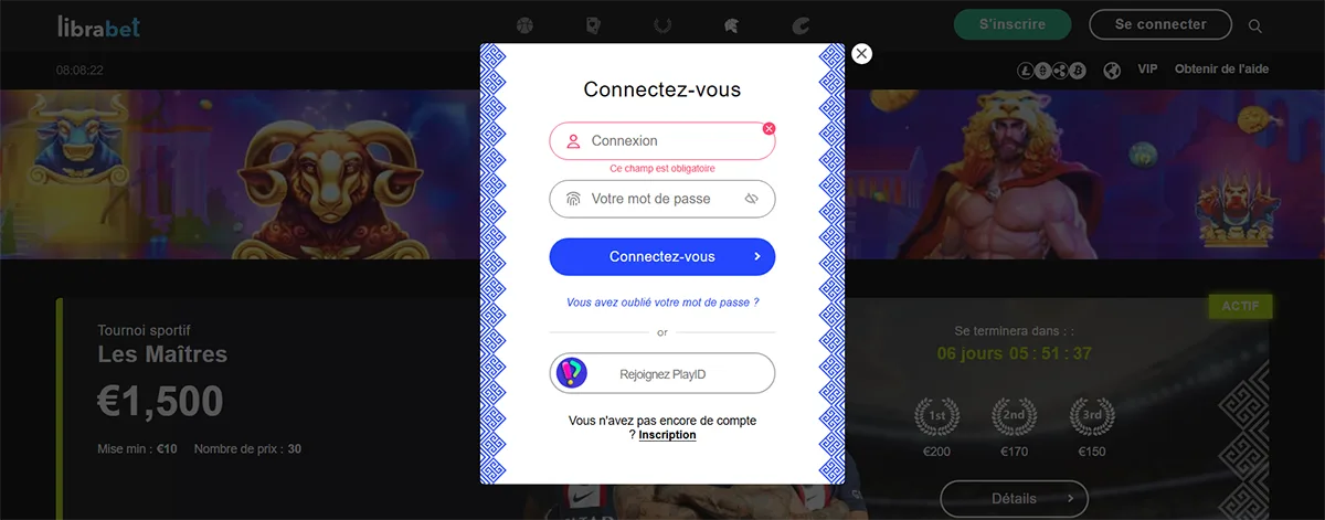 Librabet login modal in French with username and password fields, a blue “Log In” button, password recovery link, PlayID sign-in option, and a registration link.
