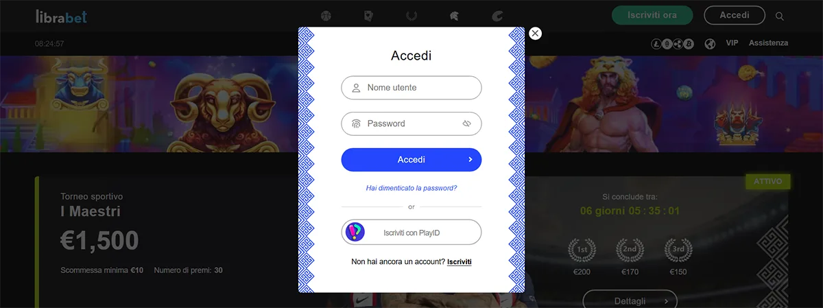 Librabet login modal in Italian with username and password fields, a blue “Log In” button, password recovery link, PlayID sign-in option, and a registration link.