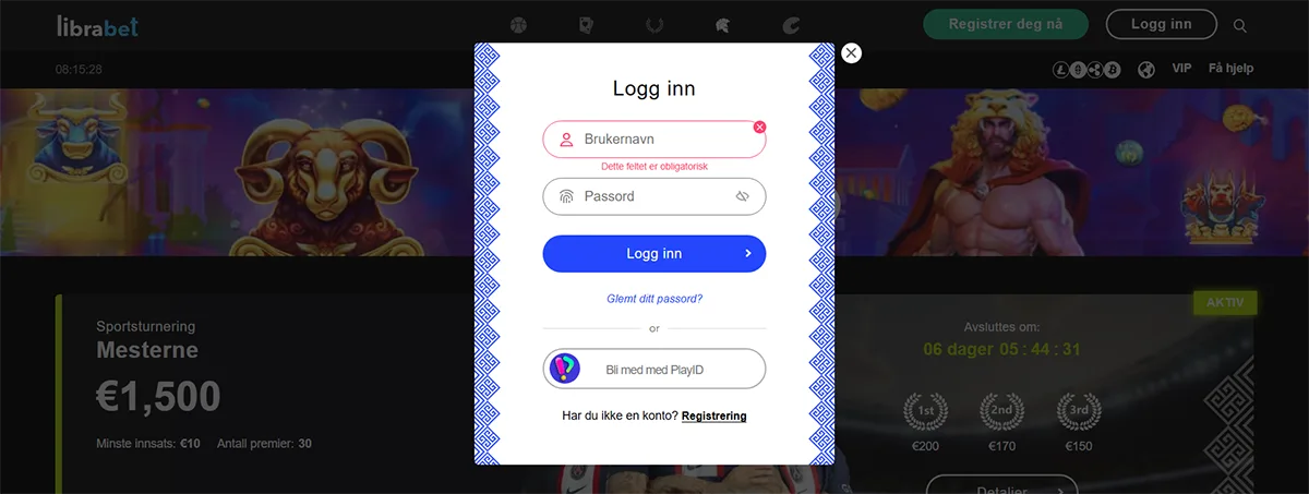 Librabet login modal in Norwegian with username and password fields, a blue “Log in” button, password recovery link, PlayID sign-in option, and a registration link.