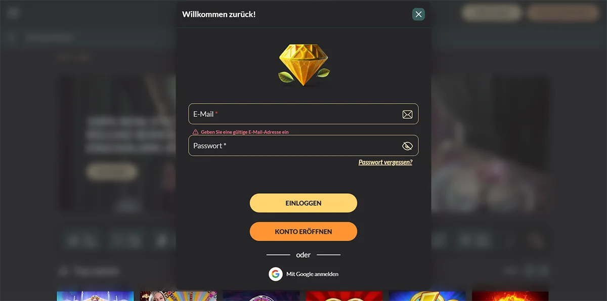 Casino login modal in German with email and password fields, an invalid email error message, “Log In” and “Open Account” buttons, a password recovery link, and a Google sign-in option.