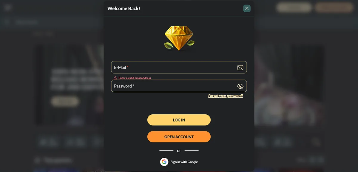 Casino login modal with email and password fields, an invalid email error message, “Log In” and “Open Account” buttons, a password recovery link, and a Google sign-in option.