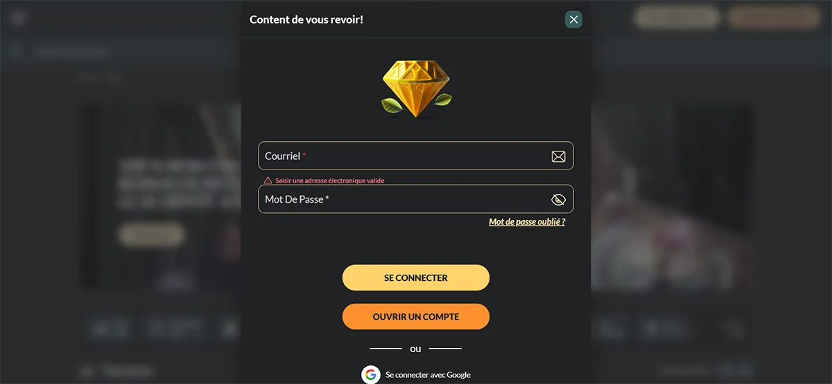 Casino login modal in French with email and password fields, an invalid email error message, “Log In” and “Open Account” buttons, a password recovery link, and a Google sign-in option.
