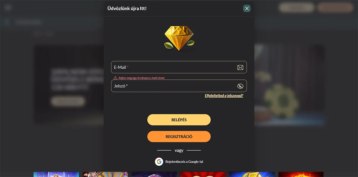 Casino login modal in Hungarian with email and password fields, error message for invalid email, “Log In” and “Register” buttons, password recovery link, and Google sign-in option.