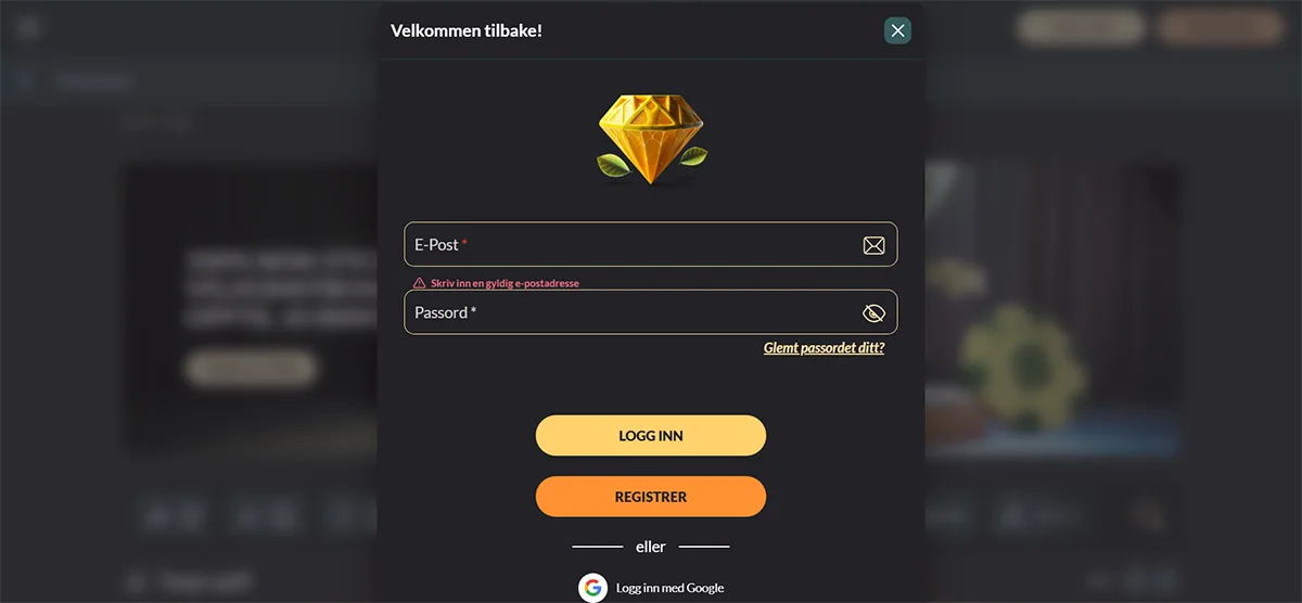 Casino login modal in Norwegian with email and password fields, an invalid email error message, “Log In” and “Register” buttons, a password recovery link, and a Google sign-in option.