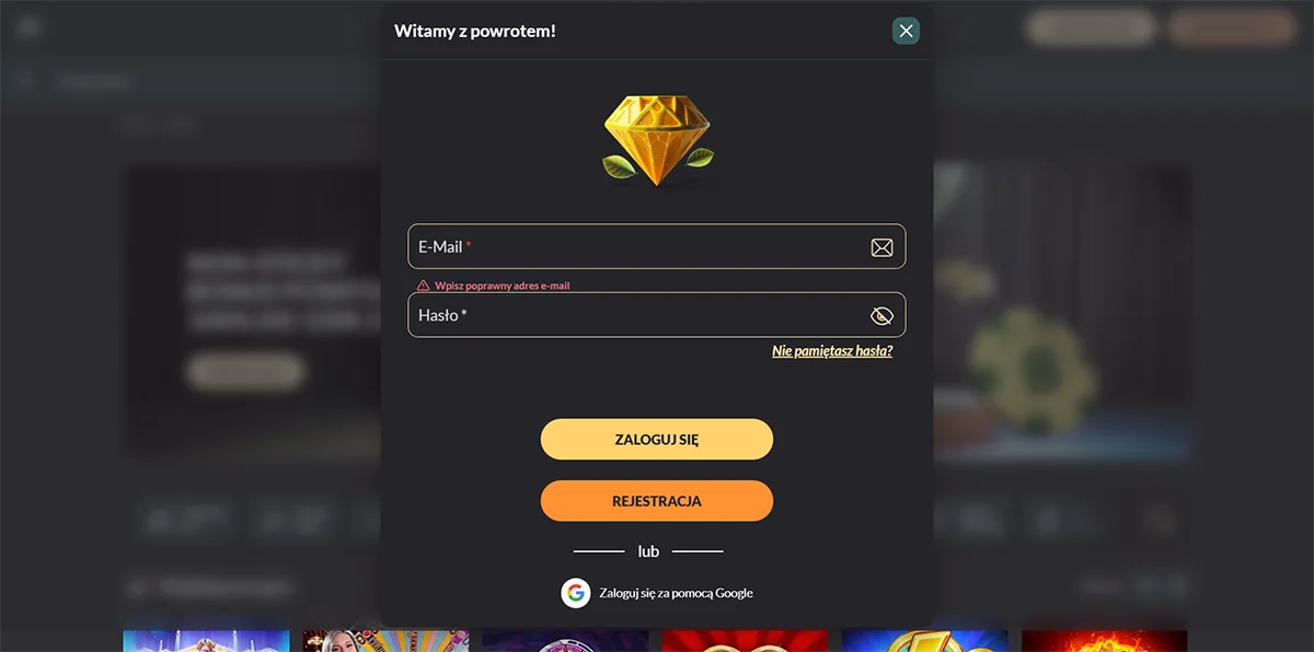 Casino login modal in Polish with email and password fields, an invalid email error message, “Log In” and “Register” buttons, a password recovery link, and a Google sign-in option.