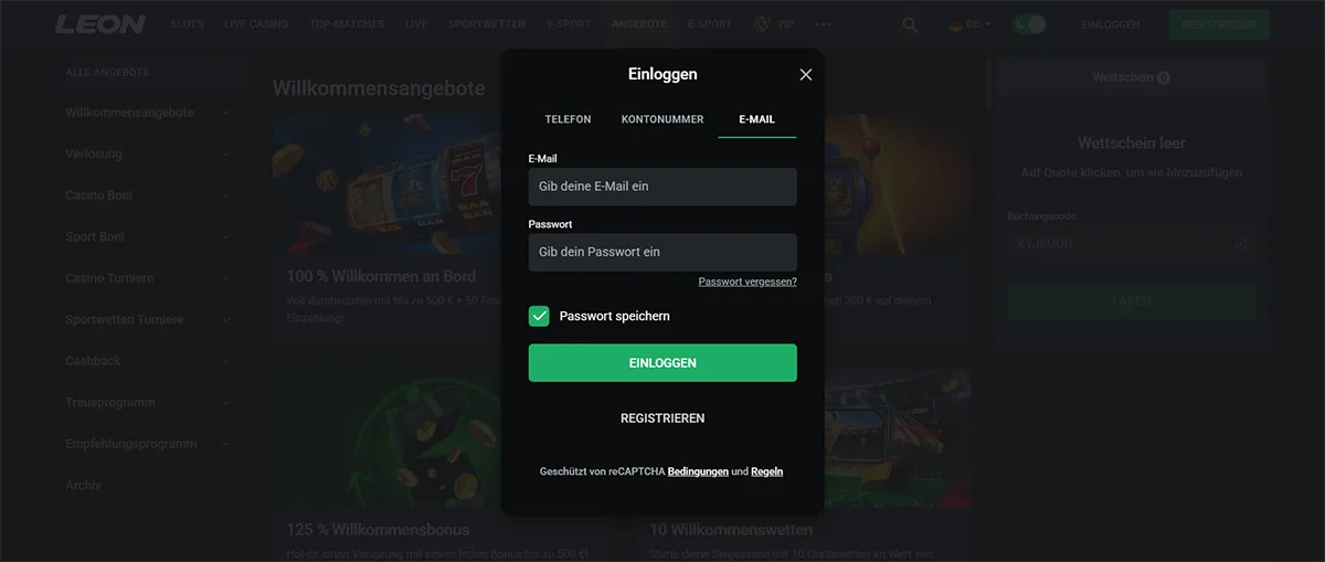 LEON sportsbook login modal in German with email and password fields, a “Save password” checkbox, password recovery link, green “Log In” button, and a registration option protected by reCAPTCHA.
