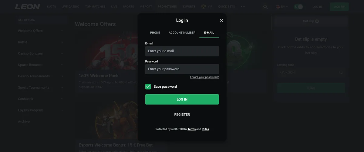 LEON sportsbook login modal in English with email and password fields, a “Save password” checkbox, password recovery link, green “Log In” button, and a registration option protected by reCAPTCHA.