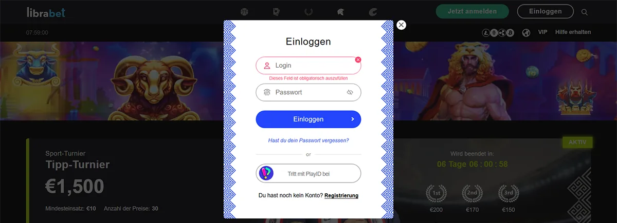 Librabet login modal in German with username and password fields, a validation error message, blue “Log In” button, password recovery link, PlayID sign-in option, and a registration link.