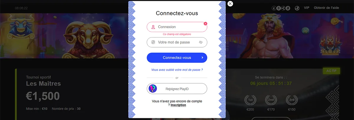 Librabet login modal in French with username and password fields, a validation error message, blue “Log In” button, password recovery link, PlayID sign-in option, and a registration link.