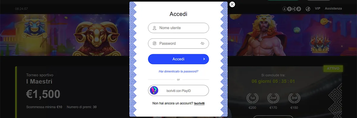 Librabet login modal in Italian with username and password fields, a blue “Log In” button, password recovery link, PlayID sign-in option, and a registration link.