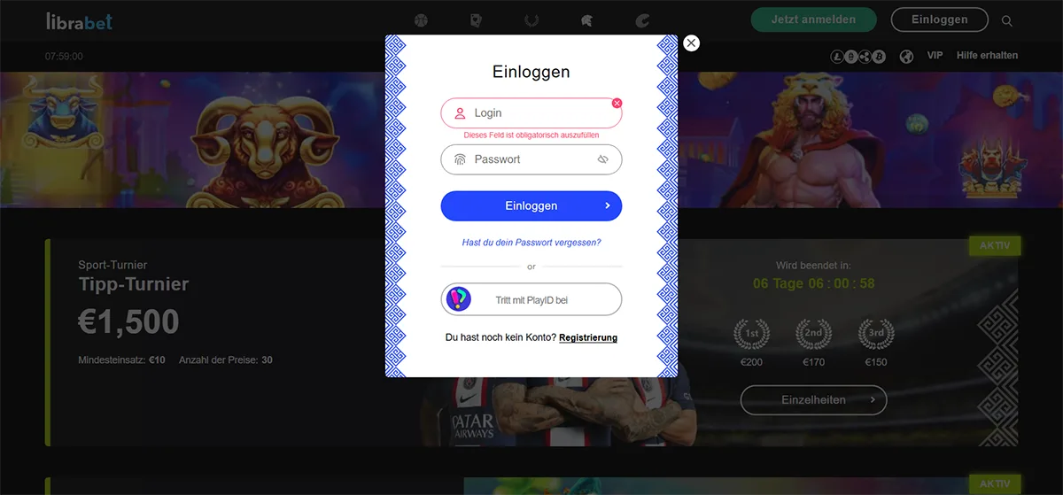 Librabet login modal in German with username and password fields, a validation error message, blue “Log In” button, password recovery link, PlayID sign-in option, and a registration link.