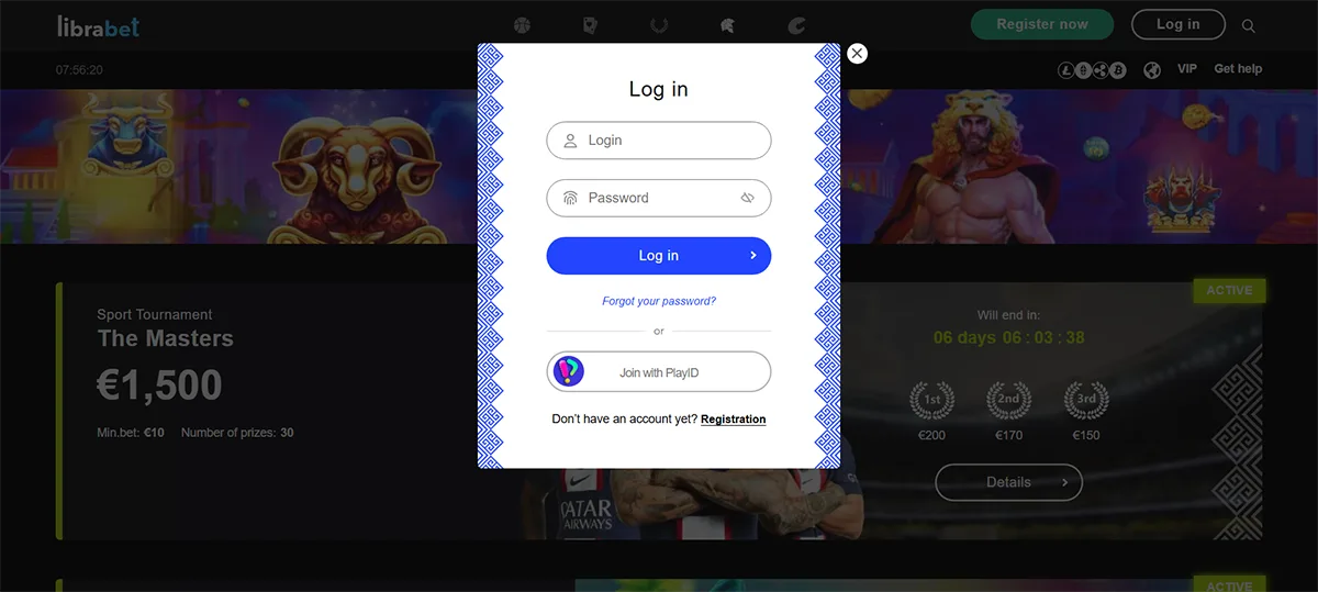 Librabet login modal with username and password fields, a blue “Log In” button, password recovery link, PlayID sign-in option, and a registration link.