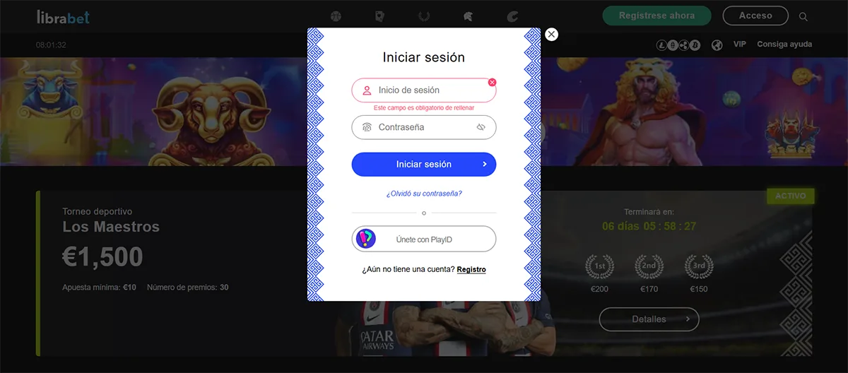 Librabet login modal in Spanish with username and password fields, a validation error message, blue “Log In” button, password recovery link, PlayID sign-in option, and a registration link.