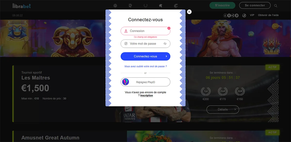 Librabet login modal in French with username and password fields, a validation error message, blue “Log In” button, password recovery link, PlayID sign-in option, and a registration link.