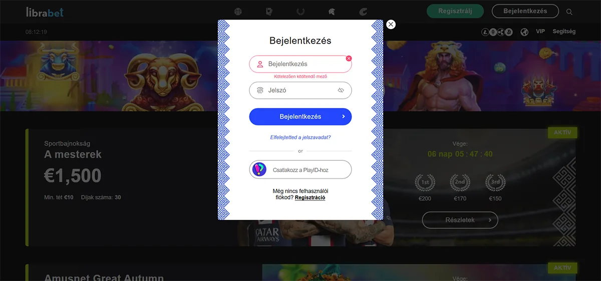 Librabet login modal in Hungarian with username and password fields, a validation error message, blue “Log In” button, password recovery link, PlayID sign-in option, and a registration link.