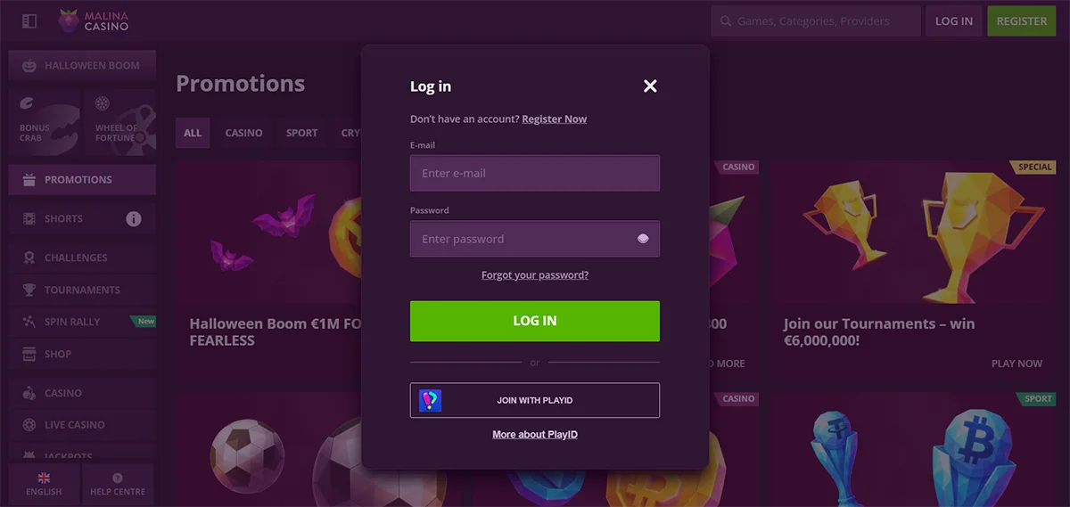Malina Casino login modal in English with email and password fields, password recovery link, green “Log In” button, and a PlayID sign-in option.