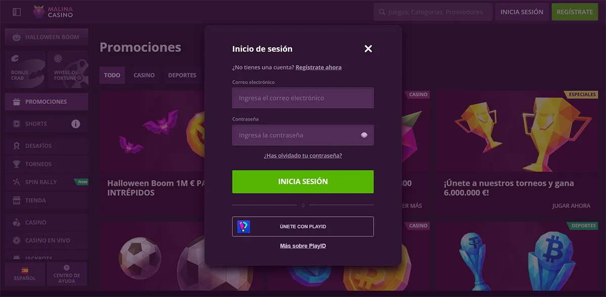 Malina Casino login modal in Spanish showing email and password fields, a “Forgot your password?” link, a green “Log in” button, and an option to sign in using PlayID.