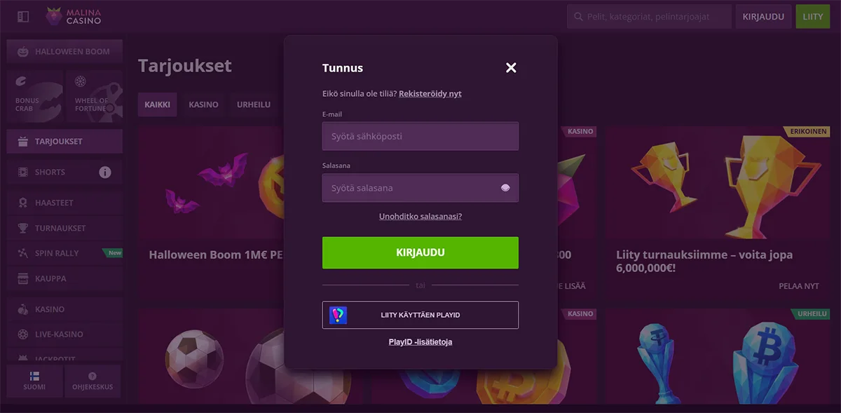 Malina Casino login modal in Finnish with email and password input fields, a “Forgot password?” link, green “Log in” button, and an option to sign in using PlayID.