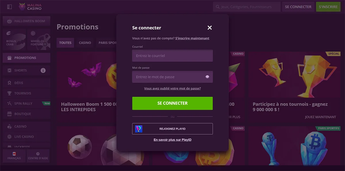 Malina Casino login pop-up in French with email and password input fields, a “Forgot your password?” link, a green “Se connecter” button, and an option to join or sign in with PlayID.
