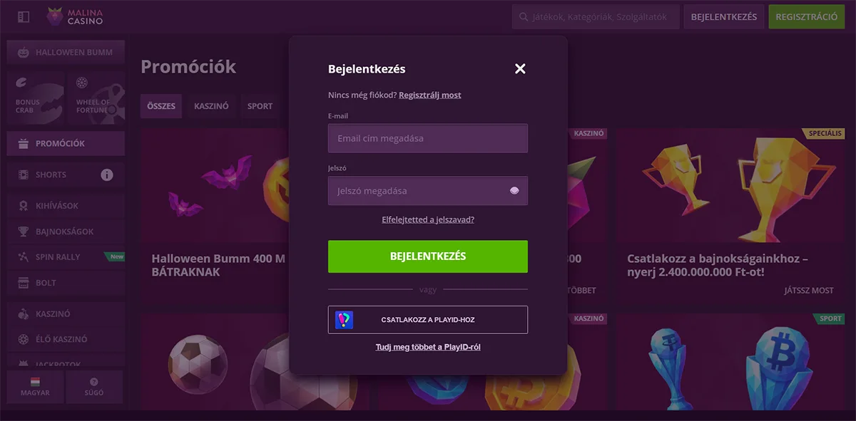 Malina Casino Hungarian login pop-up with email and password fields, a “Forgot your password?” link, a green “Bejelentkezés” button, and an option to sign in using PlayID.