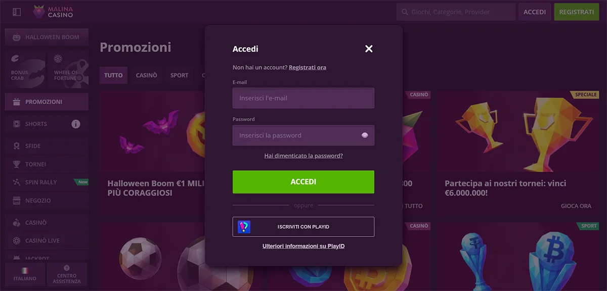 Malina Casino login modal in Italian with email and password fields, password recovery link, green “Log In” button, and a PlayID sign-in option.