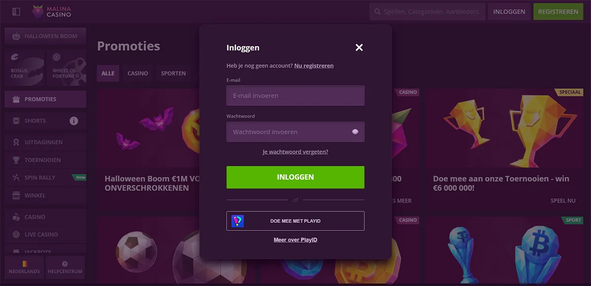 Malina Casino Dutch login pop-up with email and password input fields, a “Forgot your password?” link, a green “Inloggen” button, and an option to join using PlayID.