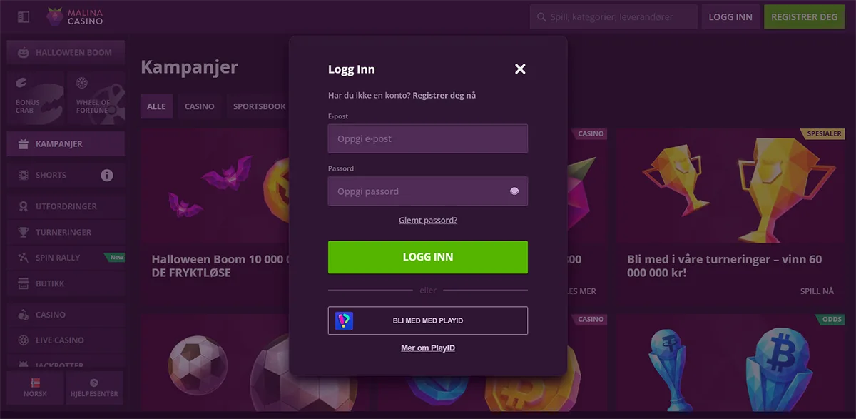 Malina Casino login pop-up in Norwegian with email and password fields, a “Forgot password?” link, a green “Logg inn” button, and an option to sign in using PlayID.
