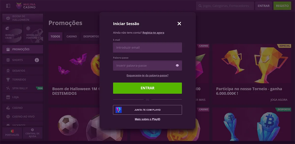 Malina Casino login modal in Portuguese featuring email and password input fields, a “Forgot your password?” link, a green “Enter” button, and an alternative option to sign in using PlayID.