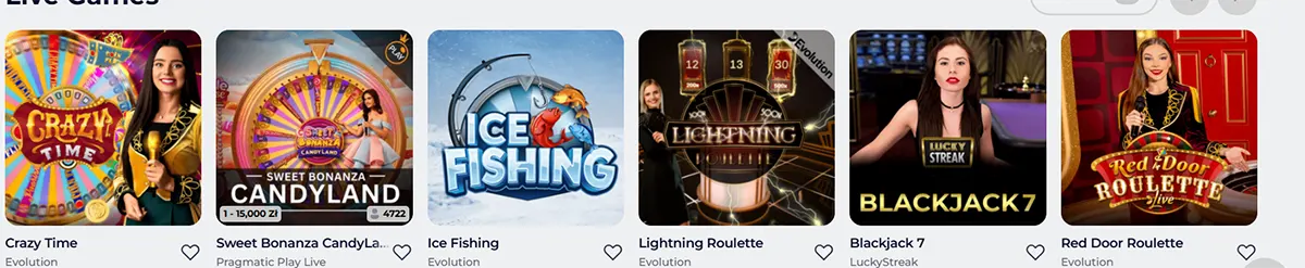 Live casino games row showing tiles for Crazy Time, Sweet Bonanza CandyLand, Ice Fishing, Lightning Roulette, Blackjack 7, and Red Door Roulette, with dealer thumbnails and provider names.