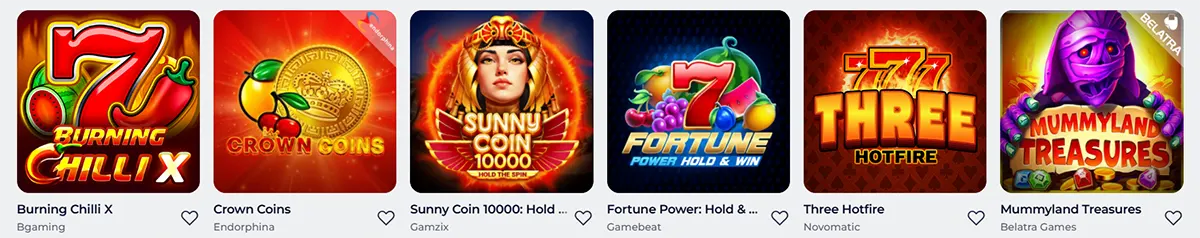 Row of slot game tiles showing Burning Chilli X, Crown Coins, Sunny Coin 10000: Hold the Spin, Fortune Power: Hold & Win, Three Hotfire, and Mummyland Treasures, with provider names beneath.
