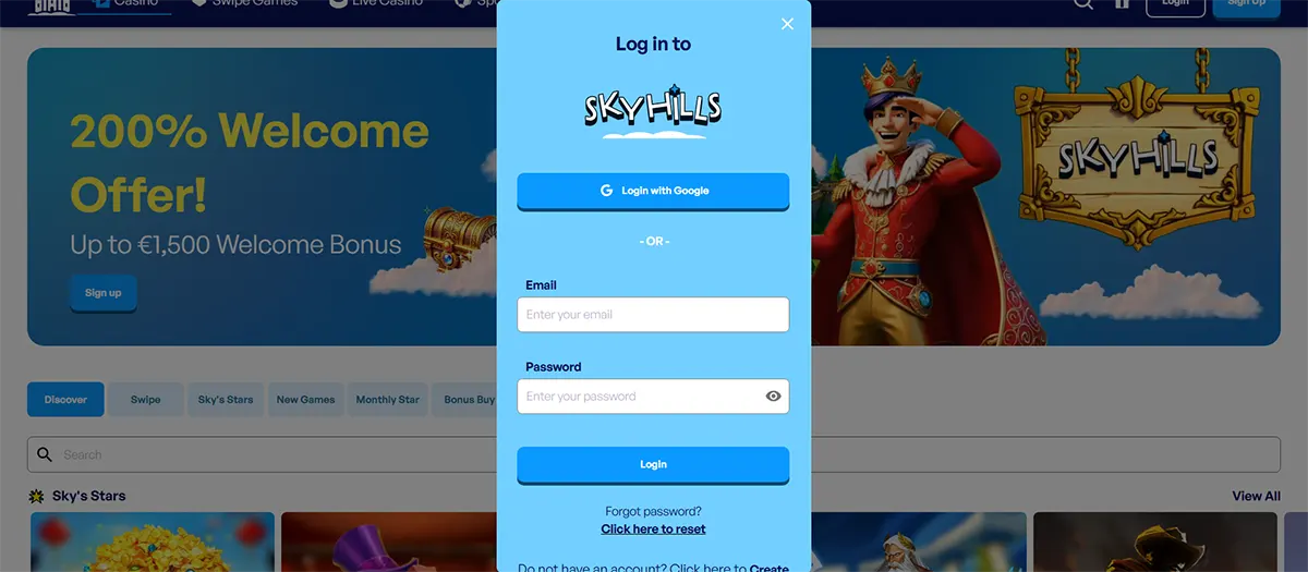 Skyhills Login Scherm