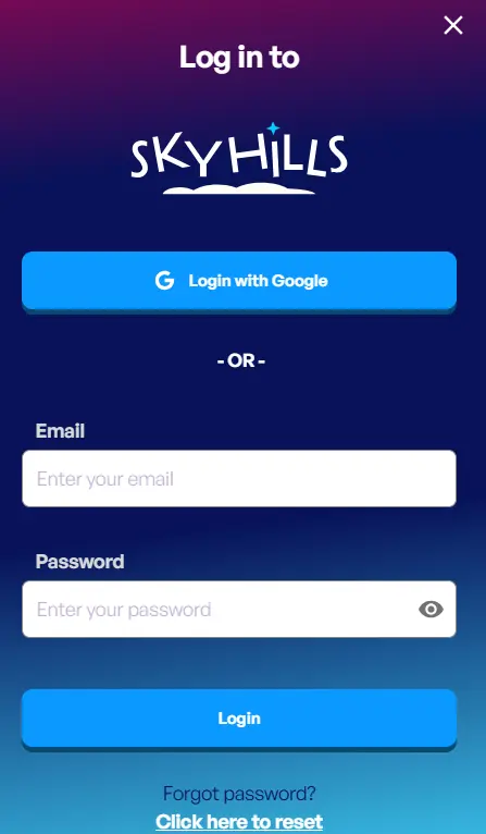 Skyhills Casino login scherm