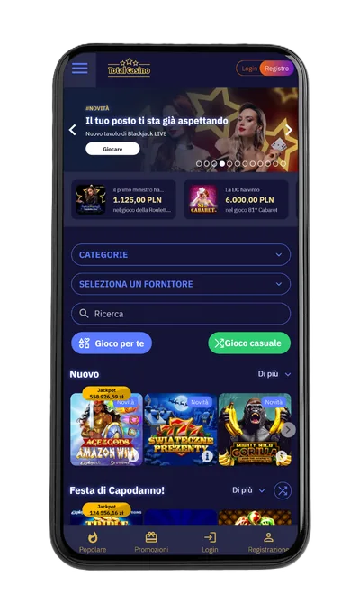 Total Casino Mobile App Interface showcasing games and navigation