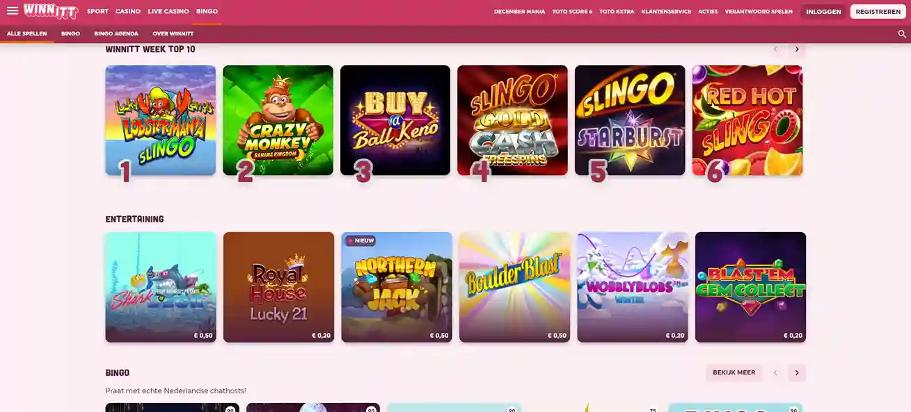 Startpagina van Winnitt met top 10 Slingo-titels en nieuwe entertainment-slots in een kleurrijke rasterweergave.