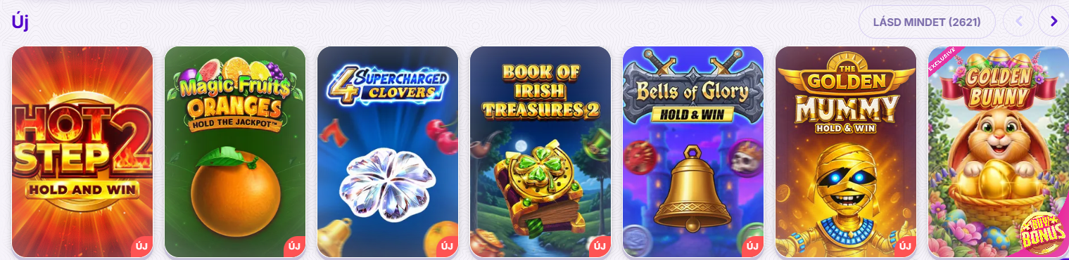 “Új” (New) casino games section showing a horizontal carousel of slot thumbnails, including Hot Step 2, Magic Fruits Oranges, 4 Supercharged Clovers, Book of Irish Treasures 2, Bells of Glory, Golden Mummy, and Golden Bunny, each marked as new.