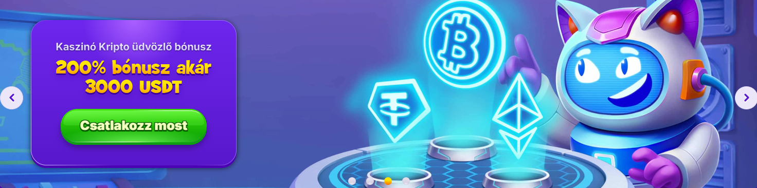 Hungarian casino banner featuring a RoboCat character with glowing cryptocurrency symbols, alongside a purple promo box advertising a crypto welcome bonus of 200% up to 3000 USDT and a green “Csatlakozz most” call-to-action button.